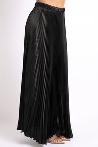 Elastic High Waist A-Line Pleated Satin Maxi Skirt