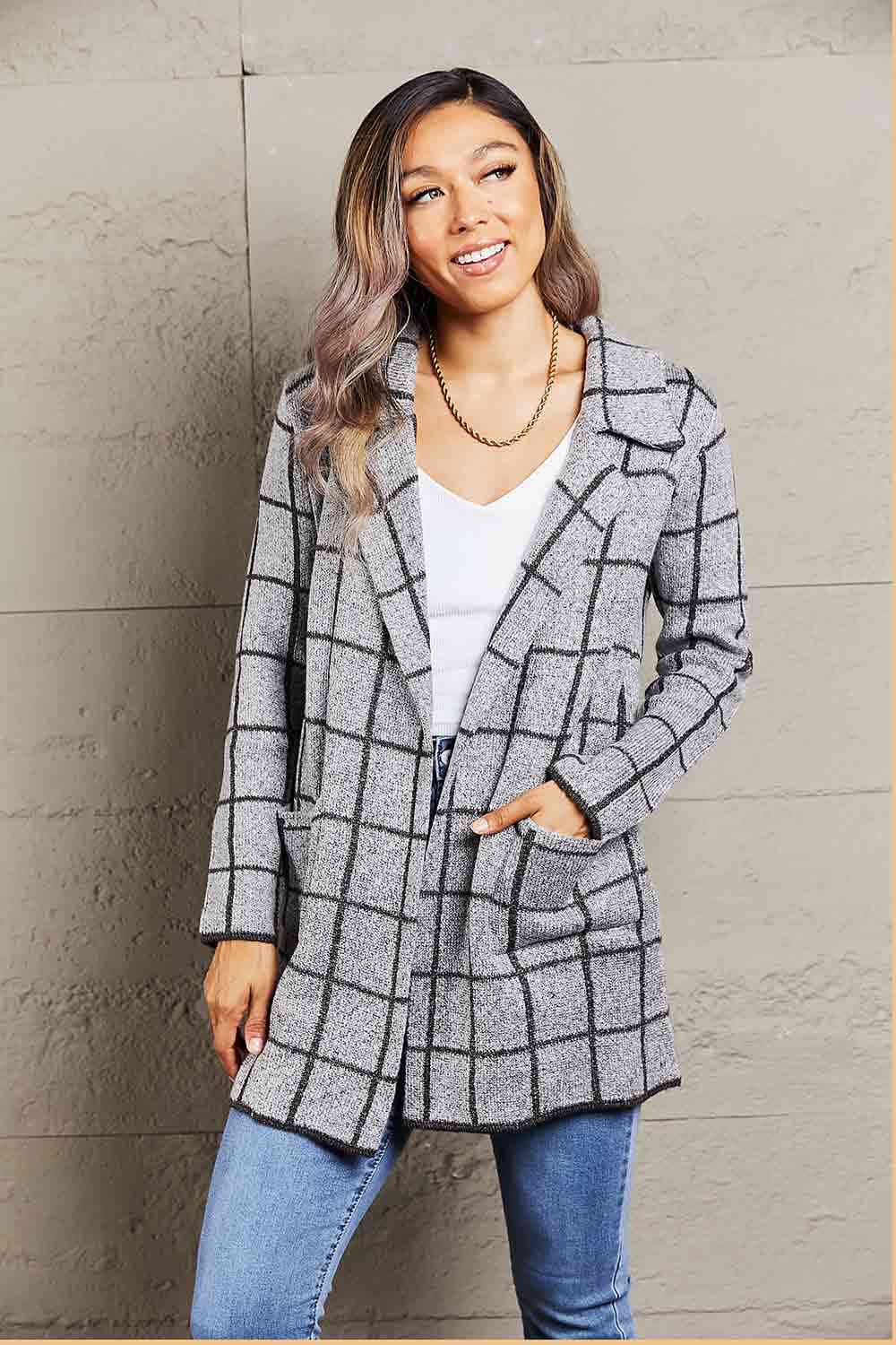 Double Take Printed Open Front Lapel Collar Cardigan with Pockets