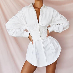 Batwing Sleeve White Mini Dress Pleated Blouse Shirt