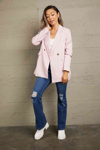 Double Take Double-Breasted Padded Shoulder Blazer with Pockets